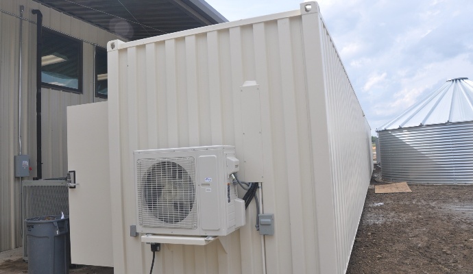 106' Double Groundhog shooting range container showing the external HVAC unit and entry door.